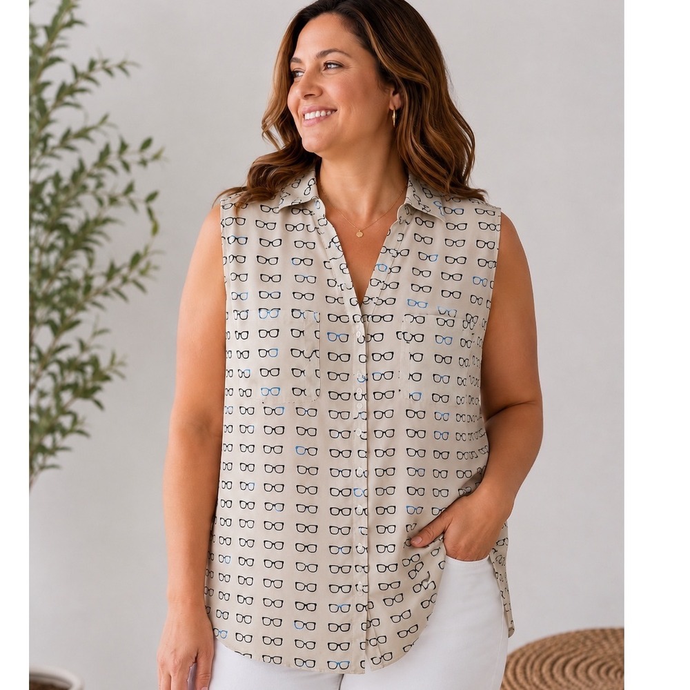 Talbots Nantucket 2X Eyeglasses Print Sleeveless Button Front Blouse Pockets